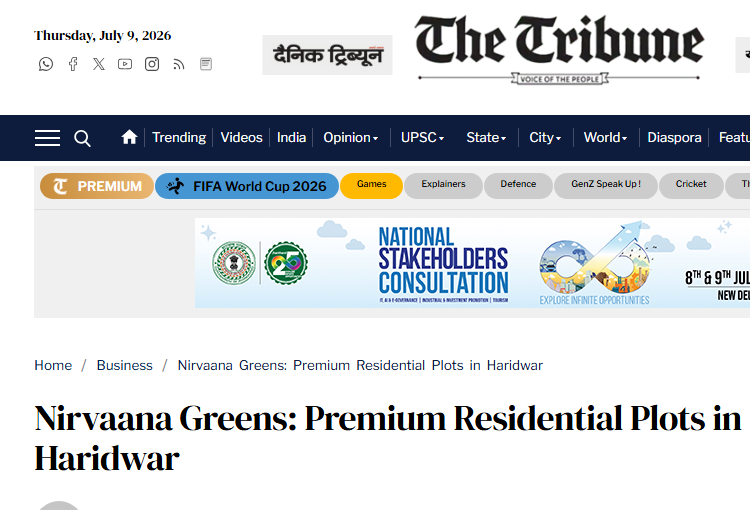 The Tribune article screenshot for Nirvaana Greens premium residential plots in Haridwar